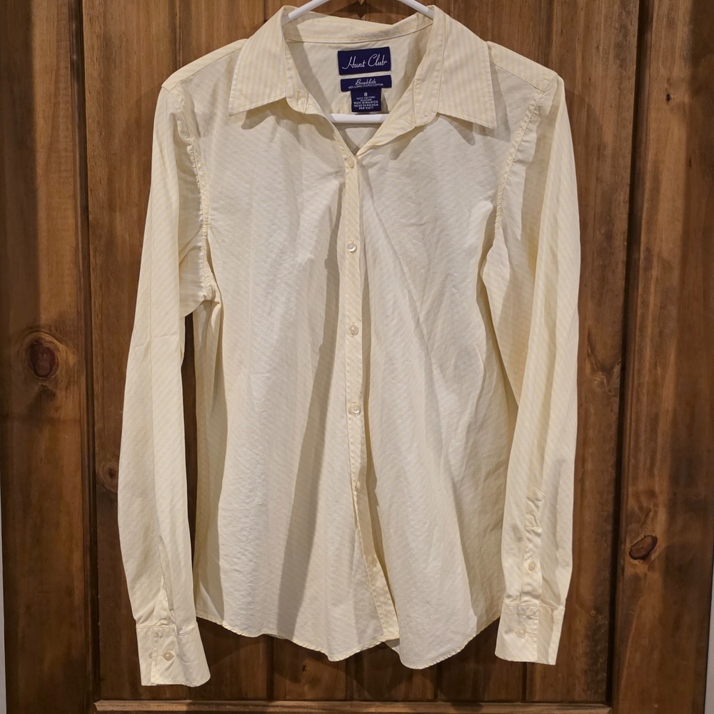 Hunt Club Broadcloth Button-Up Shirt Womens Size 8 Yellow White Striped Classic